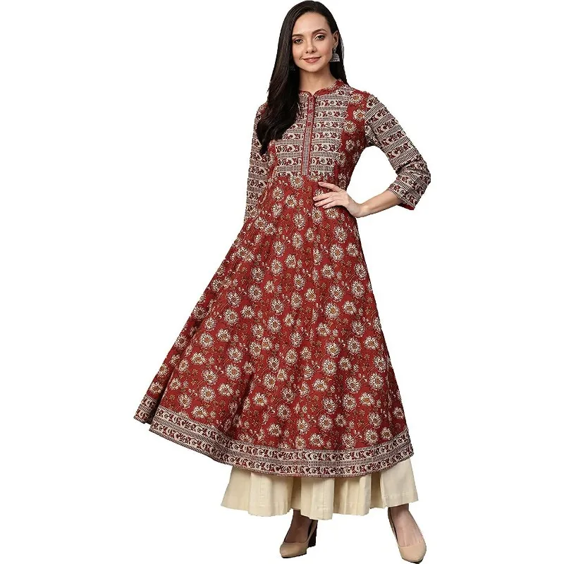 

Sewn Cotton Horn Print Anarkali Kurta Kurti Waist Length Outerwear Dress (top Only)