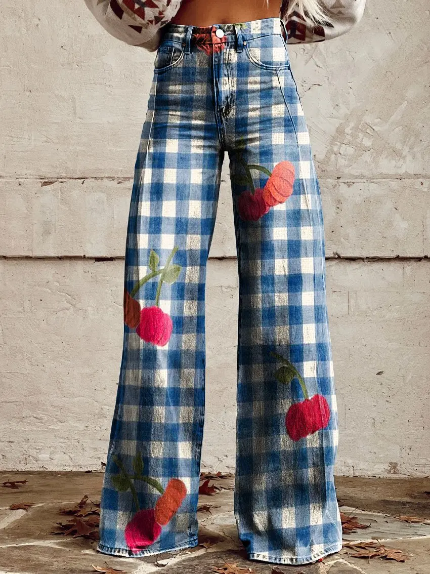 Women's Plaid Denim Wide Leg Pants Casual Fashion Comfortable Long Women's Pants Striped Ladies Wide Leg Pants S-3XL
