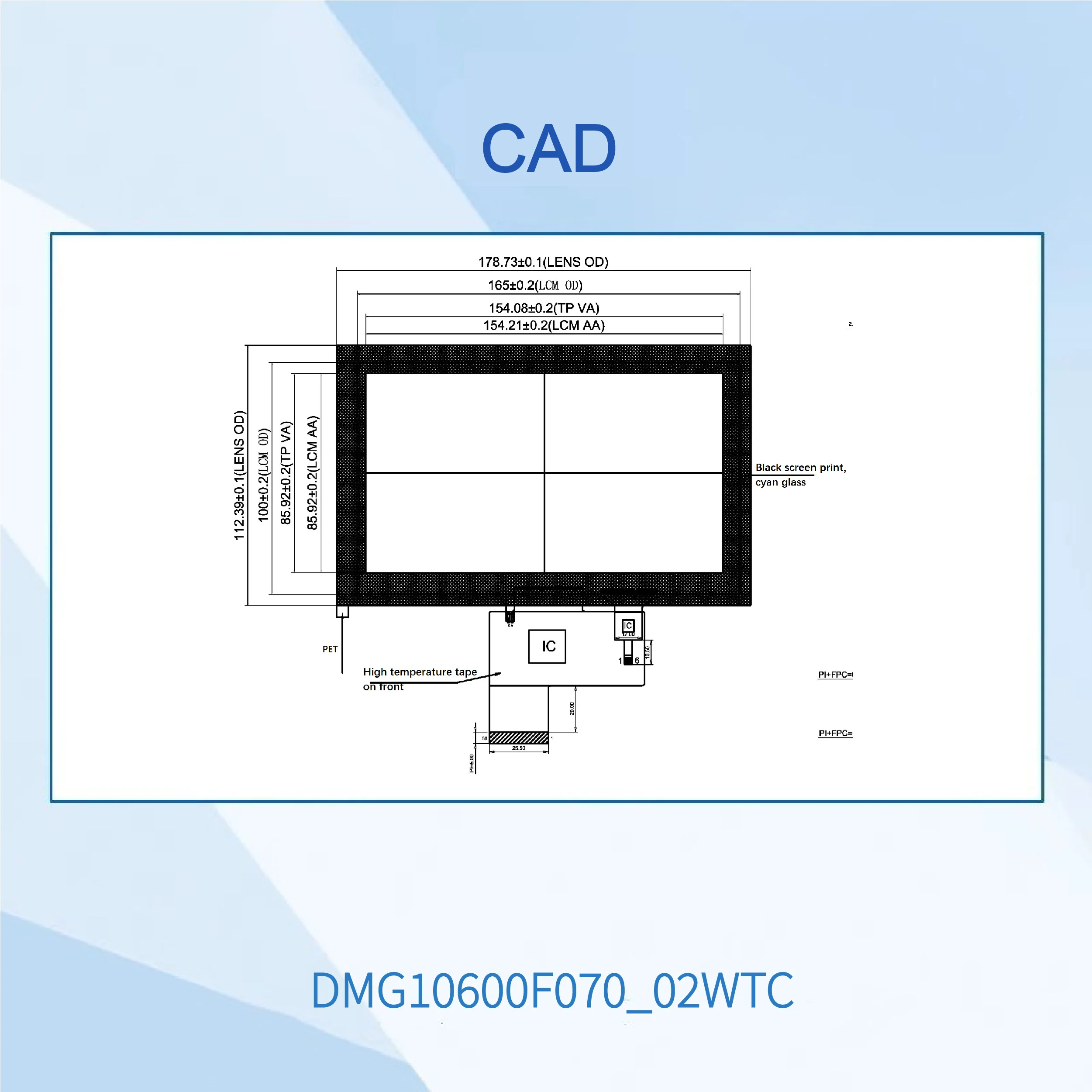 7.0 Inch, 1024*600 Pixels Resolution, 16.7M Colors, IPS-TFT-LCD ,50 Pins, Including IO, UART, CAN, AD and PWM, DMG10600F070_02W