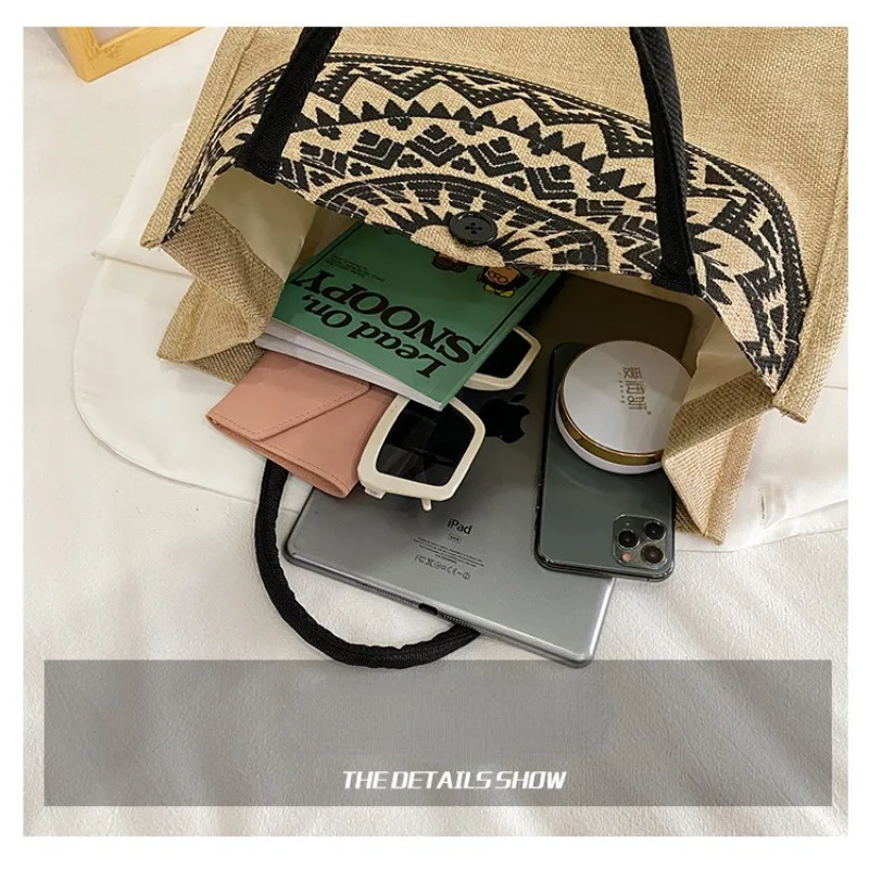 Women Handbag Top-Handle Bag Linen Casual Tote National Style Canvas Commuter Underarm Pack Large Capacity Shoulder Shopping Bag