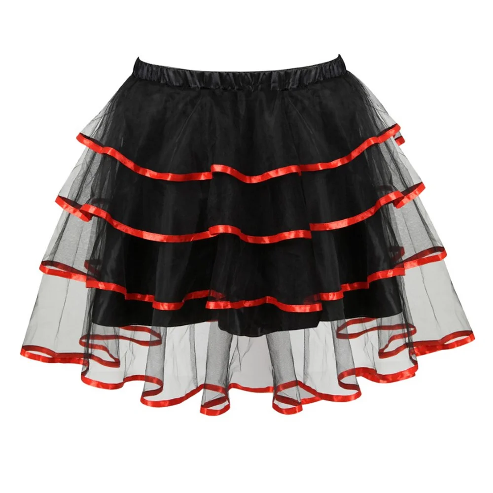 

Fashion Sexy Ruffles Layered Skirts Corset Adult Ribbon Trim Black Organza Punk Tutu Skirt Women Cosplay Costume Plus Size