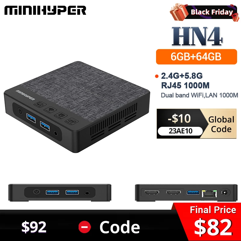 Minihyper Hn4 Mini Pc Intel Gemini Lake N4020C Cpu 6Gb Lpddr4 64Gb Emmc Usb3.0 Hdmi Audio Jack Hp & Mic 3.5Mm Rj45 1000M