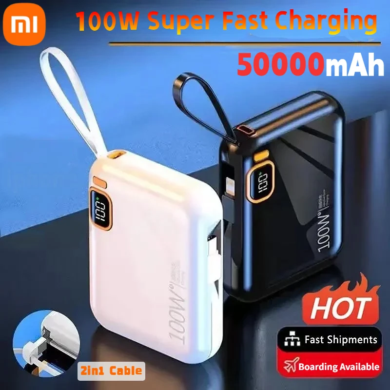 Power Bank Xiaomi 50000mAh Mini 1000W Fast Charging Portable External Battery With 2in1 Wire For iPhone Android HUAWEI