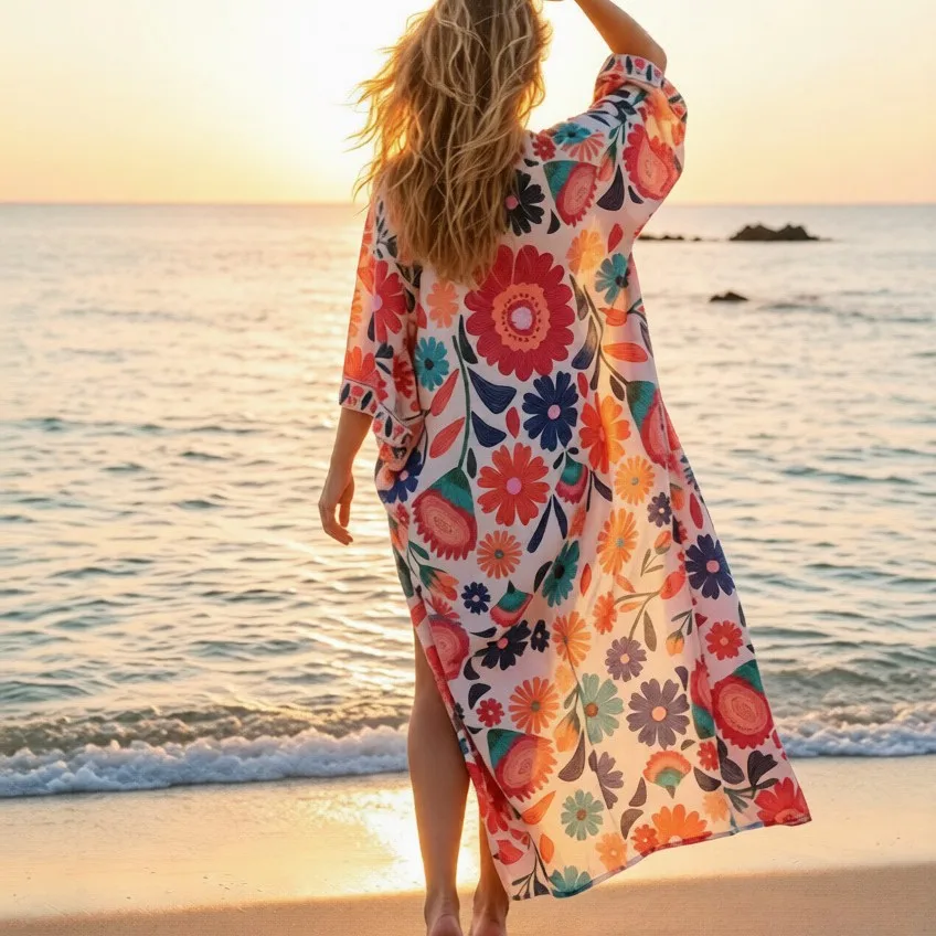 Large Size Loose Beachwear Sun Protection Clothes Bikini Cover up Swimwear Outerwear Women's Shawl Cardigan Vacation Style 3