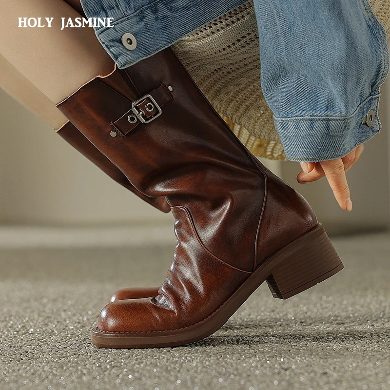 

Vintage Women Genuine Leather Mid-Calf Boots Thick Heels Round Toe Casual Office Party Shoes Woman 2023 New Autumn Winter Boots