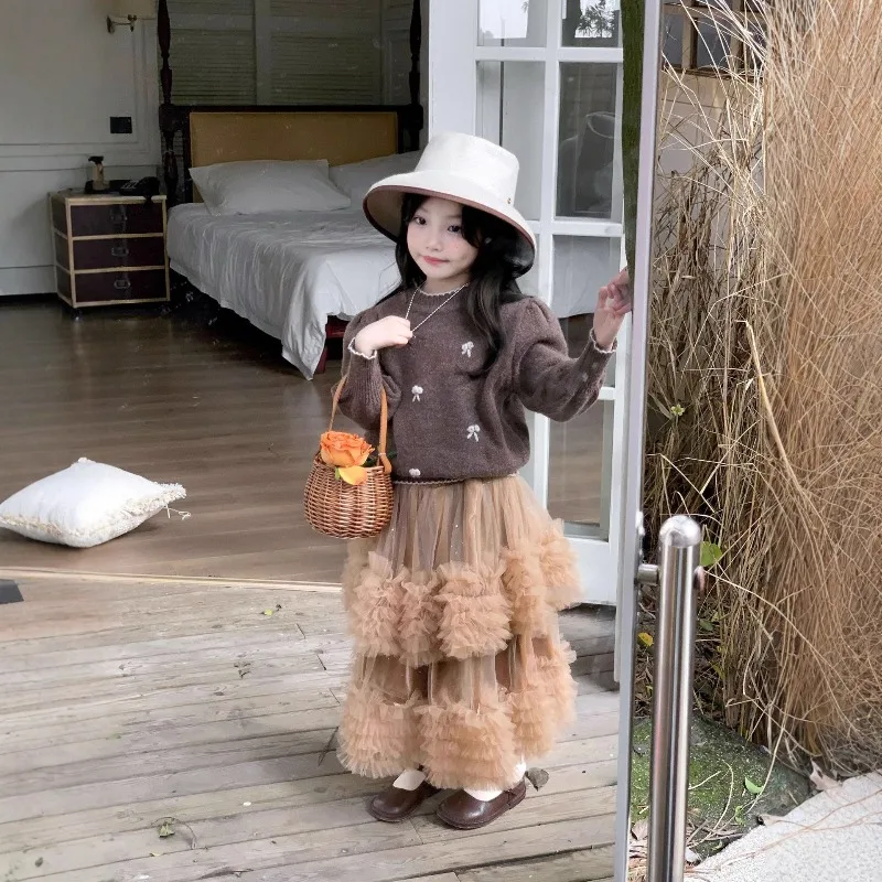 2026 새로운 봄 가을 어린이 소녀 갈색 니트 스웨터 귀여운 패턴 캐주얼 패션 따뜻한 풀오버 어린이 니트 탑 H5216