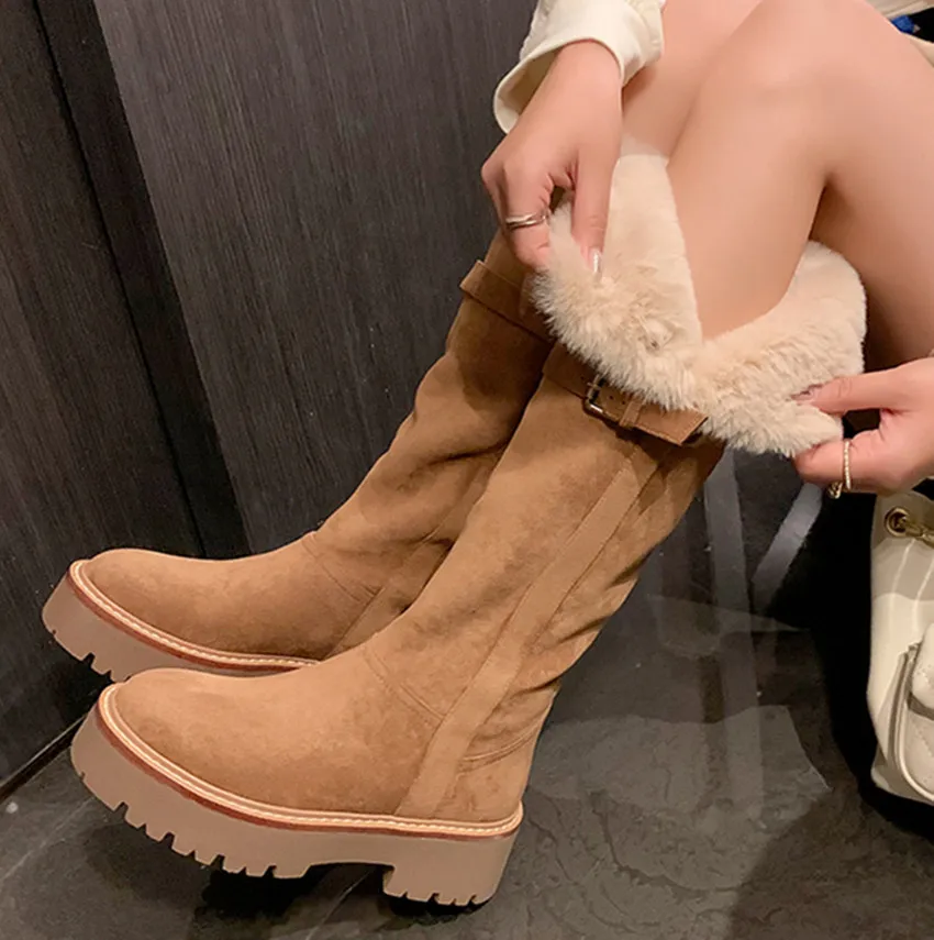 

【ENMAYER】Hot Cow Suede Leather Boots Women Slip On Wool Warm Winter Knee High Boots Handmade Ladies Platform Snow Boots Shoes