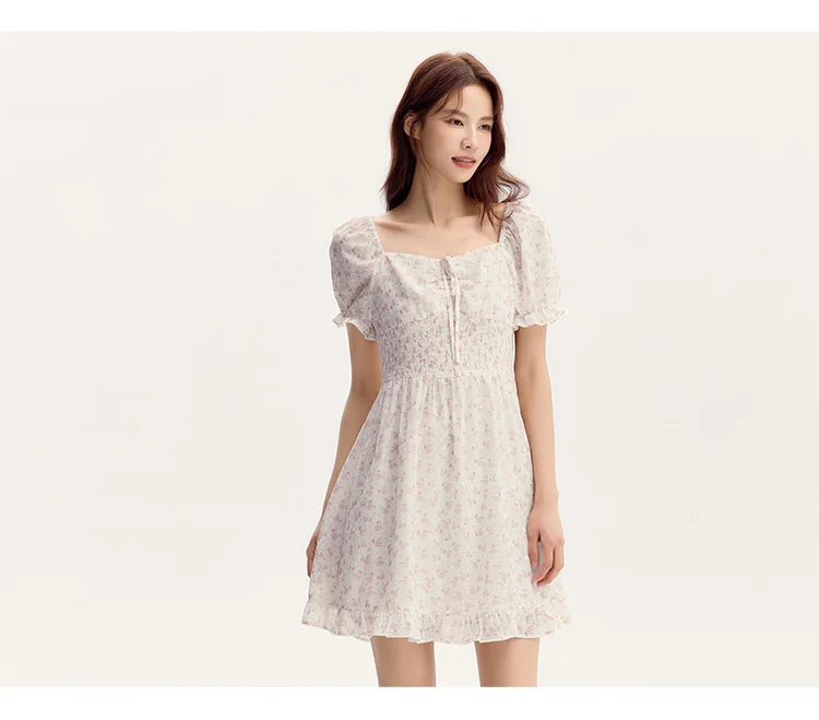 Ruffled Hem Chiffon Mini Skirt Women Floral Print Short Dress New Square Neck Waist-drawing Romantic Dress