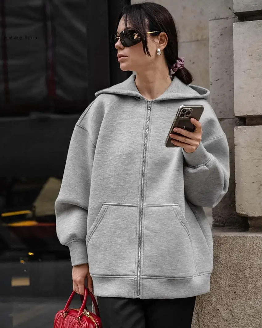 Autumn and Winter Women's Casual Coat Warm Hooded Long Jacket Long Sleeve Large Pocket Zipper Grey Jacket Coat 5