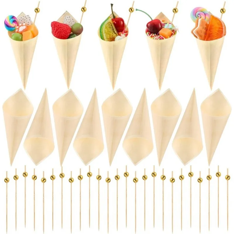 50/100pcs Disposable Wood Appetizer Cones with Fruit Skewer Biodegradable Cone Veneer Roll Ice Cream Cone Packaging Container