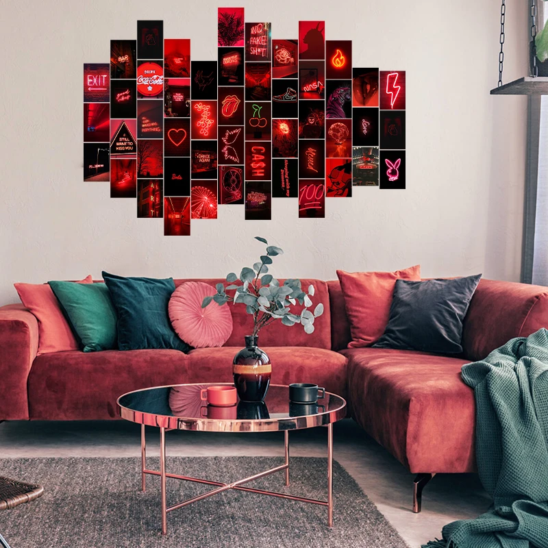50Pcs Red Neon Print Poster Collage Cards Set Retro Cardboard Red Neon Wall Collage Poster Decor for Home Bar Bedroom Dormitory