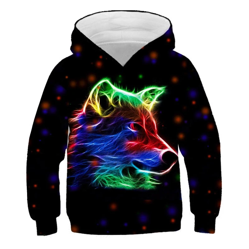 Animal Colorful Beauty Wolf Hoodies Oversized Children's Short Sleeve 3D Print Sweatshirt Boy Kid Boys Girls Tops Spring Clothes children's hoodie