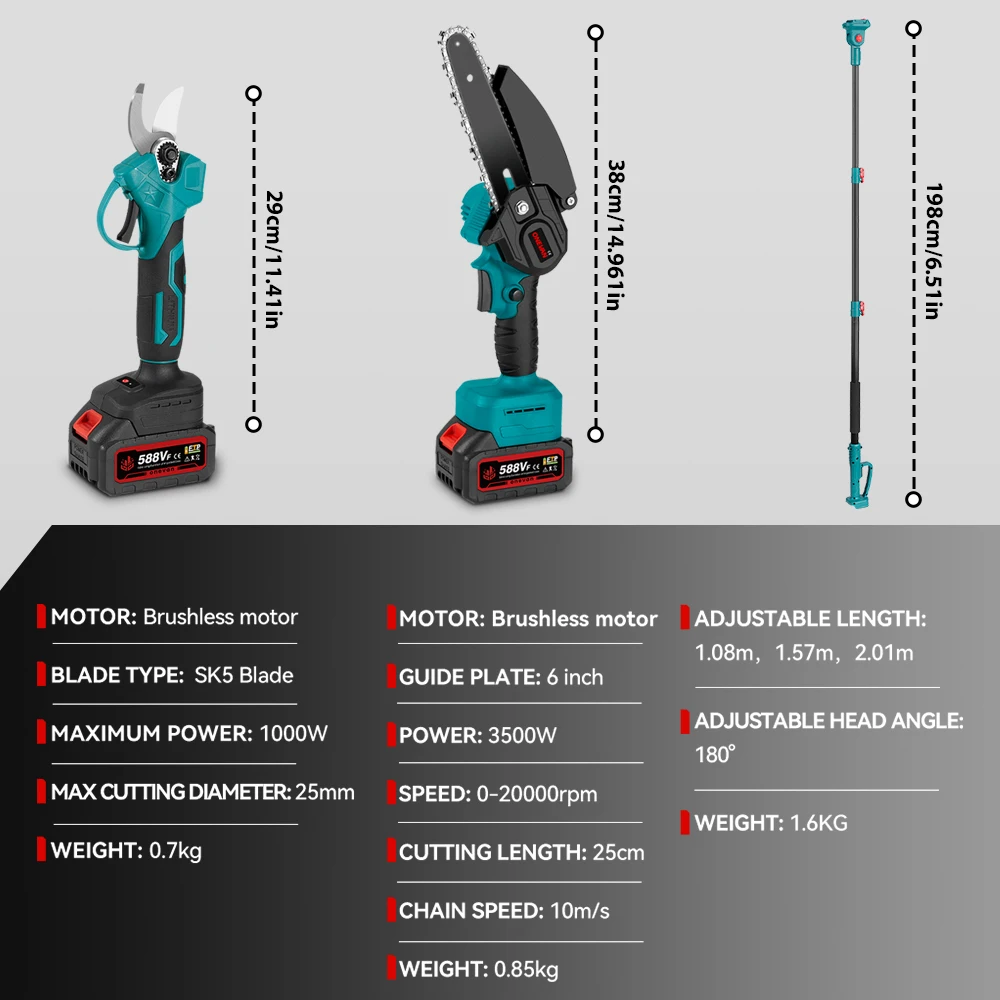 Electric Chainsaw Brushless 3500W Telescoping Pole 3 IN 1 Pruner High Branch Saw for 21V 18V Battery