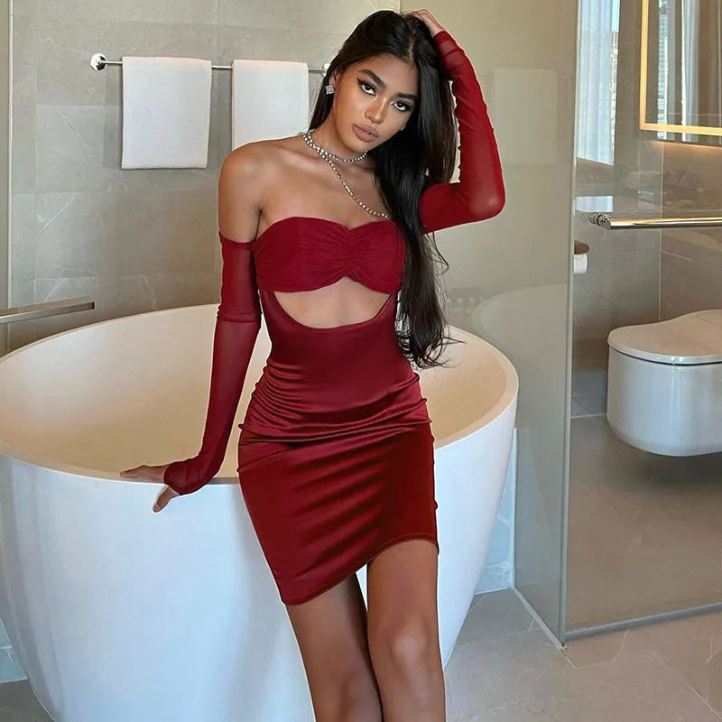 

Diamond Chain Chest Wrapping Cut-out Mini Dress Summer Women's Sexy Hot Girls Party Long Sleeve Y2K Dress Streetwear Black Dress