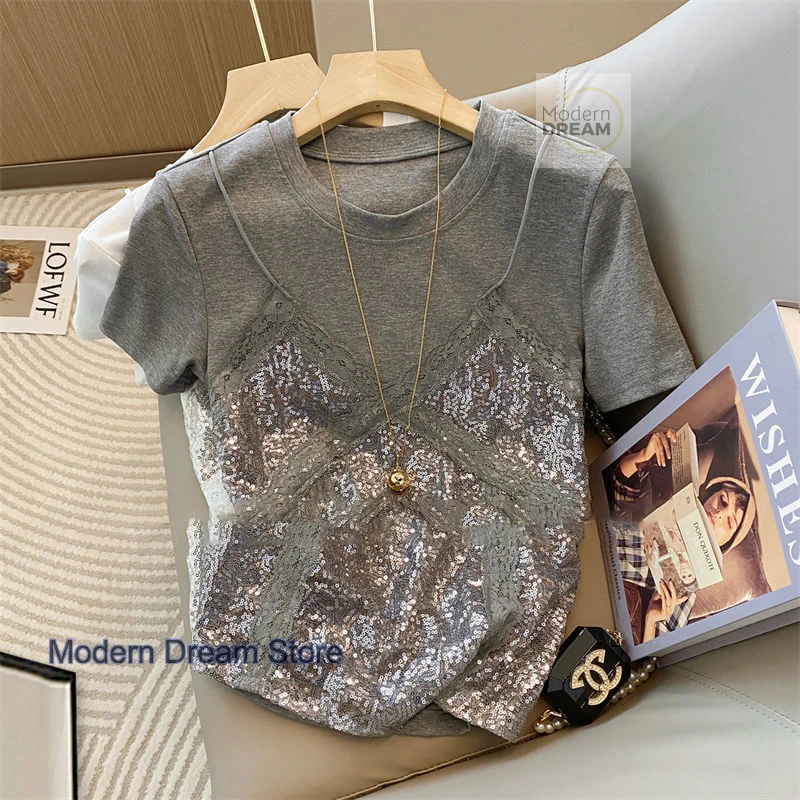 French fake two-piece lace sling splicing short-sleeved T-shirt