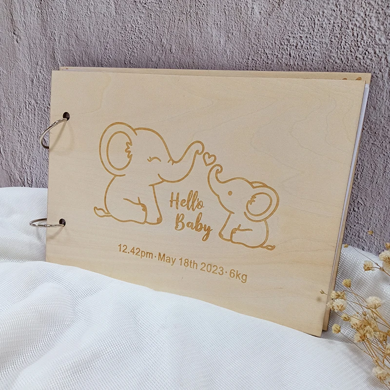Personalized Baby Shower Guestbook Cute Elephant Wooden Guest Book DIY Cartoon Album Baptism Event & Party Decor Baby Gifts