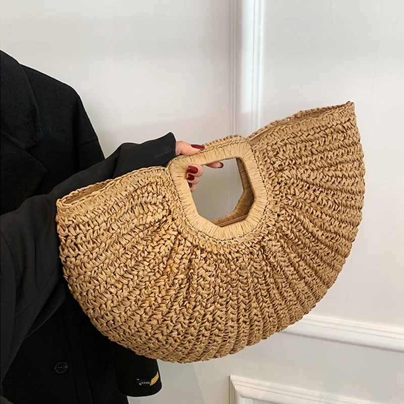 Women's Retro Rattan Handbag Handmade Knitted Tote Bag Summer Straw Half-Moon Beach Fashion Big Handle Bag