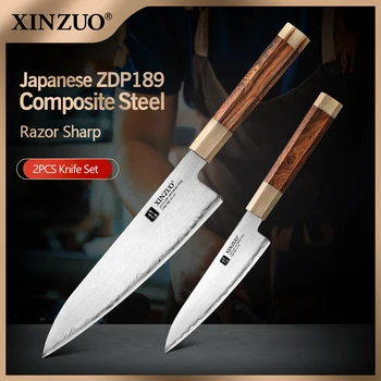 XINZUO Japanes ZDP-189 Power Steel 2PCS Knife Set High Carbon Super Steel 65-67 HRC Utility Chef knives with Wood Gift Box