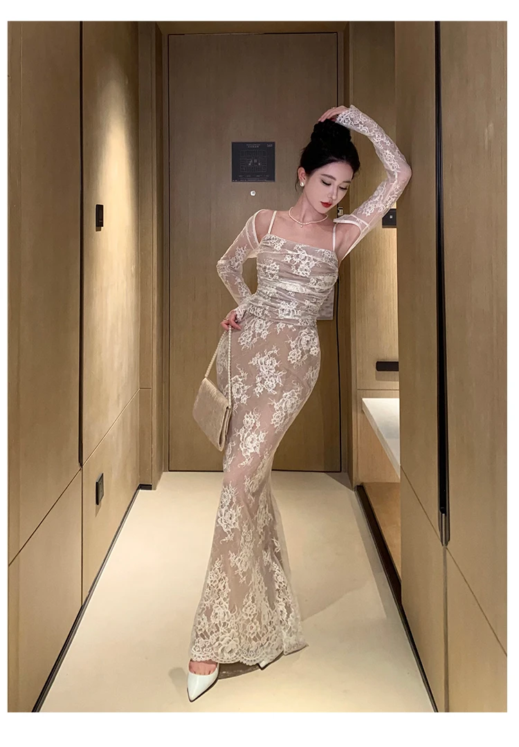 Sexy Bodycon Lace Long Dresses for Women Wedding Party Dress Spaghetti Strap with Smock French Vintage Evening Maxi Vestidos New