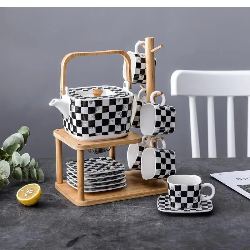 

Tea Pot and Cup Set Ceramic Coffee Cup Black and White Grid Filter Teapot Home Afternoon Tea Tea Pot Set with Wooden Shelf