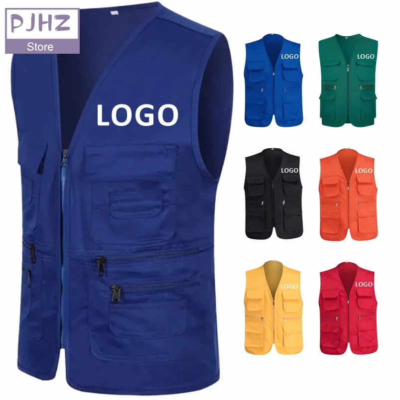 

Multi Pocket Vest Coat Travelers Fishing Photography Director Outdoor Zipper Vests Group Company Workwear Custom LOGO Print