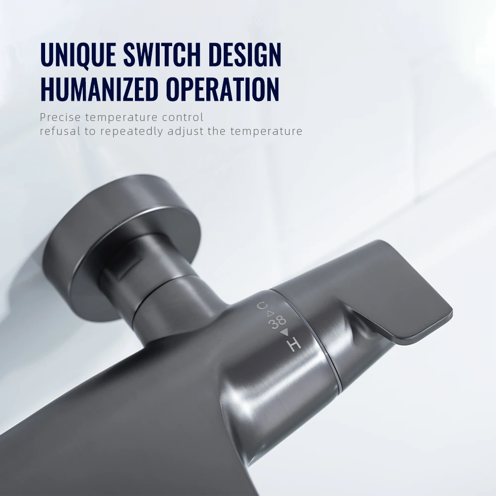 Thermostatic Shower Faucet Set Gunmetal Bathroom Shower System 2 Ways Waterfall And Shower With Brass Mixer Wall Mounted Taps 3