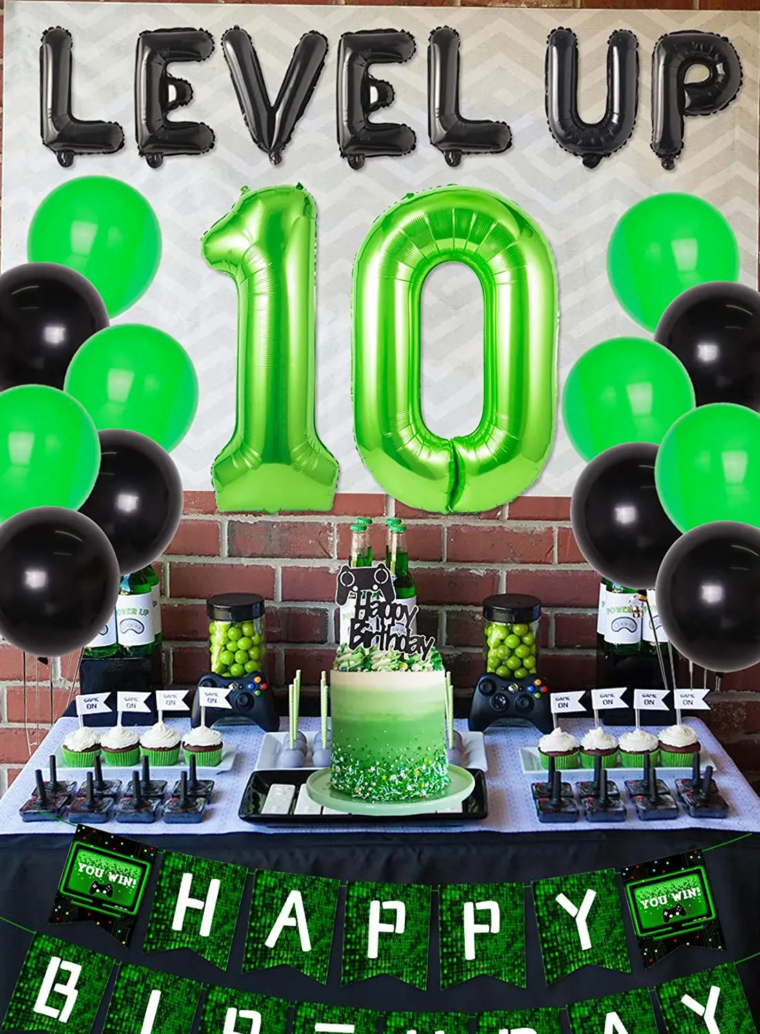 Video Game 10th Birthday Decorations for Boy Gamer, Level Up Number 10 Foil  Balloons Black and Green Game on Birthday Party Supplies Game Controller