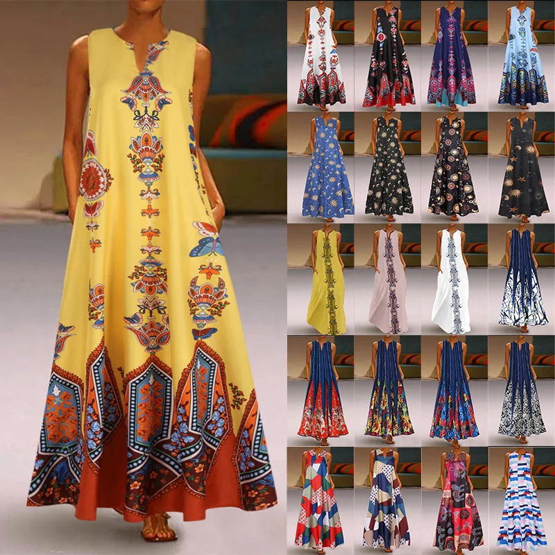 

New Ladies Vintage Print Dress V-Neck Sleeveless Pocket Summer Dresses Female