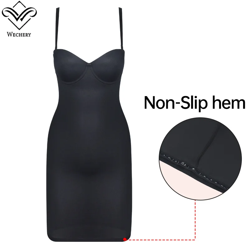 Women Spaghetti Strap Dress Slimming Full Length Shapewear Slips Anti-slip hem Push Up Skinny Bodycon With Underwire Cup Black