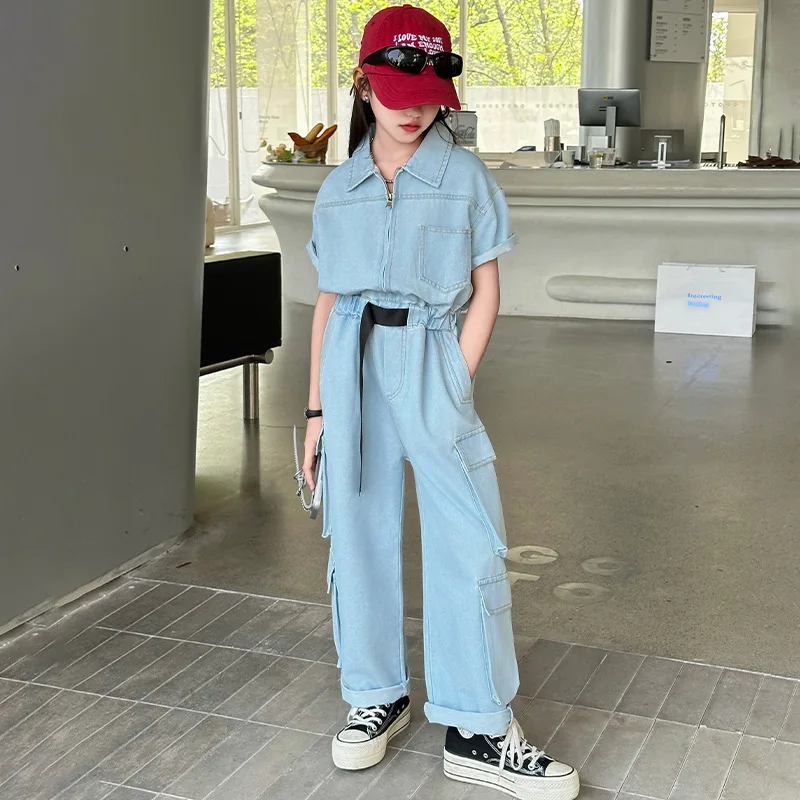 

Teen Girls Short-sleeved Jumpsuit Summer Tide Cool Streetwear Blue Denim Playsuits Kids Children Overalls cargo pants clothes 12