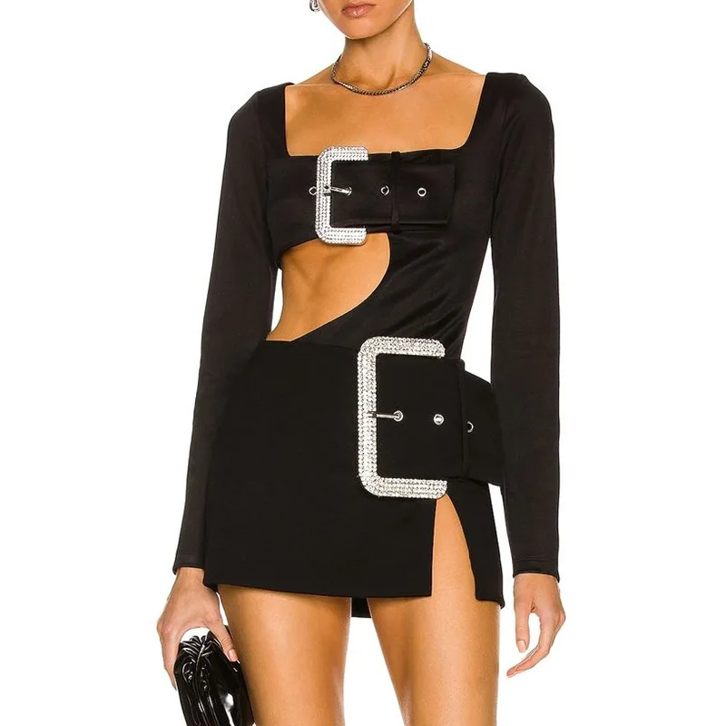 

Autumn Long Sleeve Square Collar Diamonds Buckle Belt Hollow Out Waist Black Bodysuits Short Skirt Two Piece Set