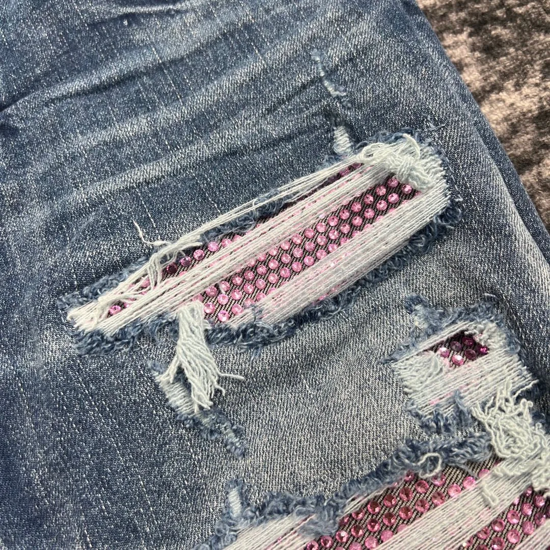 DISCOUNTED men pink diamond stone patches distressed skinny jeans 4
