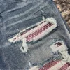 DISCOUNTED men pink diamond stone patches distressed skinny jeans 4