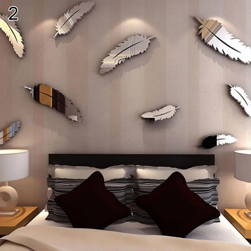 8PcsSetFeatherPlume3DMirrorWallStickerForLivingRoomArtHome