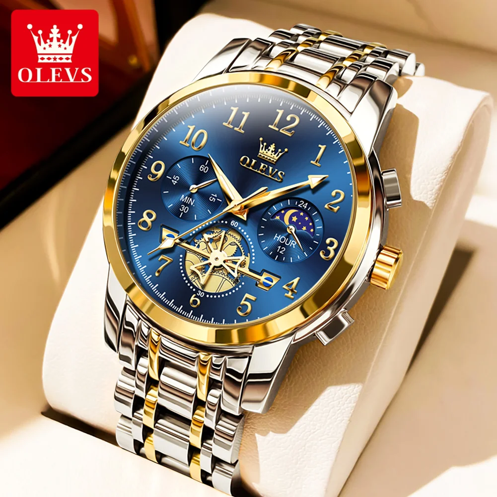 OLEVS 2900 NEW Quartz Watch for Men High Quality Multifunctional Chronograph Waterproof Stainless steel Moon Phase Men's Watches