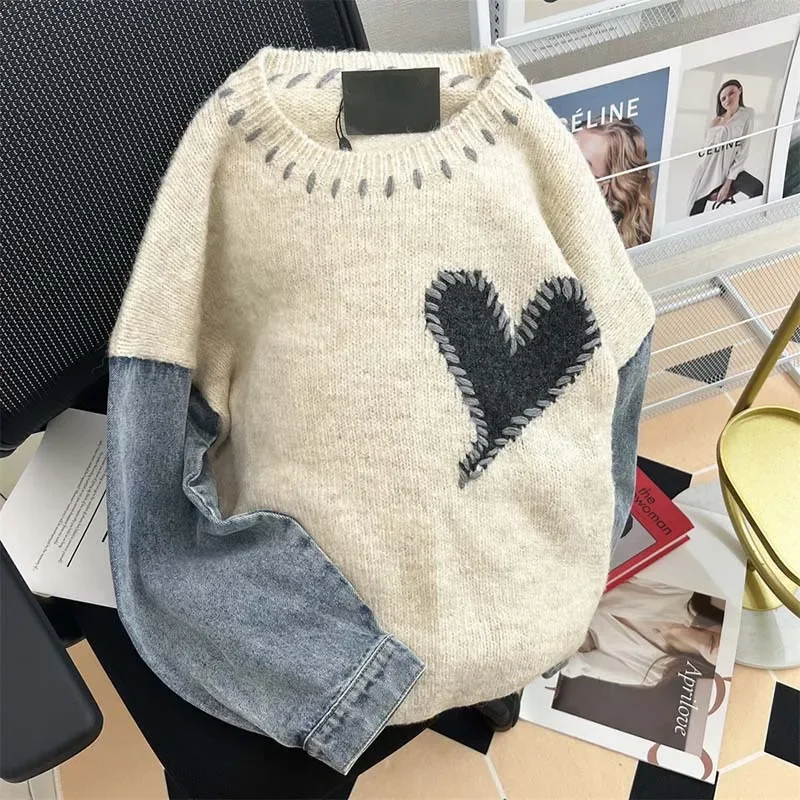 レディース パッチワークシャツ セーター ニット 新作  ファッション デニム デザイン 韓国 婦人服 厚手 フェミニン ゆったり ニット オシャレ 女性用長袖デニムセーター,ヴィンテージパッチワークセーター