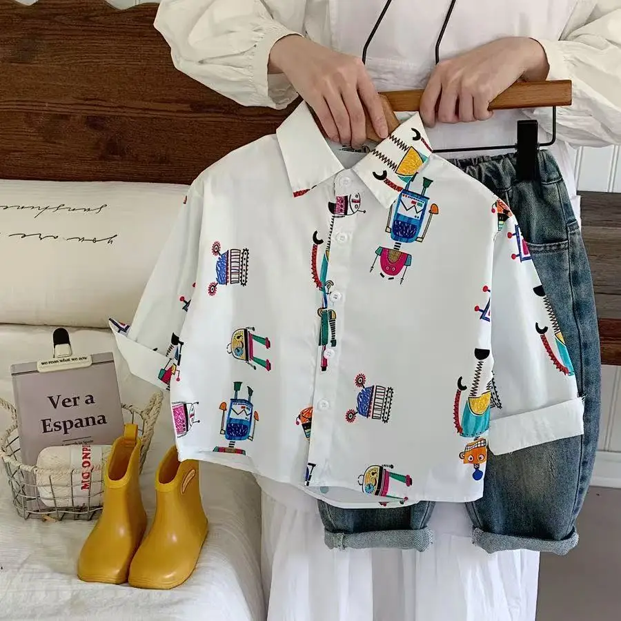 Boys' Cartoon Shirt Spring and Autumn New Children's Leisure Robot Full Print Cardigan Boys' Baby Handsome Fashion Top Trendy