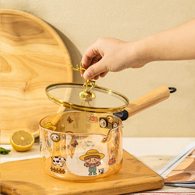 Stainless steel food pot Korean-style amber glass milk pot borosilicate heat-resistant instant noodle pot complementary food stew-pan open fire 1.7L