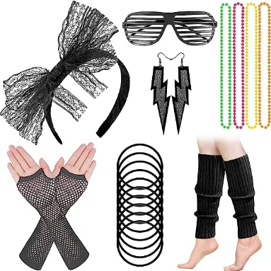 PESENAR 90s 80s Outfit Accessories 80s Costume Accessory Set 80s Clothing Typical Off Shoulder Mesh Shirt