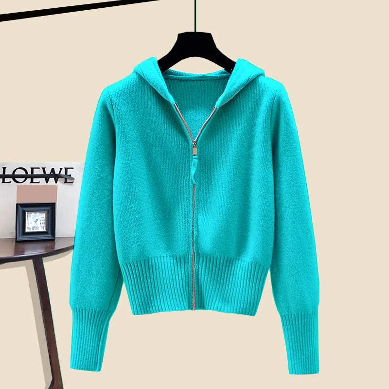 Women Autumn Winter Long Sleeved Double Zipper Soft Waxy Cardigan Sweater With Hat Design Feeling Top Female Hooded Sweater Coat