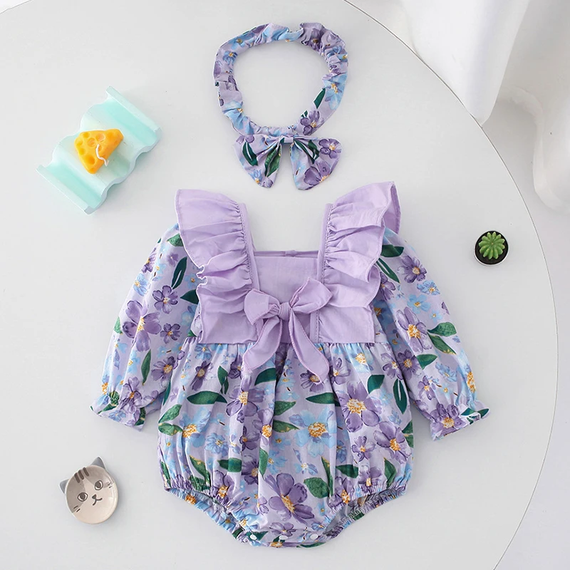 

Spring Infant Baby Girls Long Sleeves Sweet Flower Print Jumpsuits Autumn Newborn Kids Baby Girls Princess Children Rompers