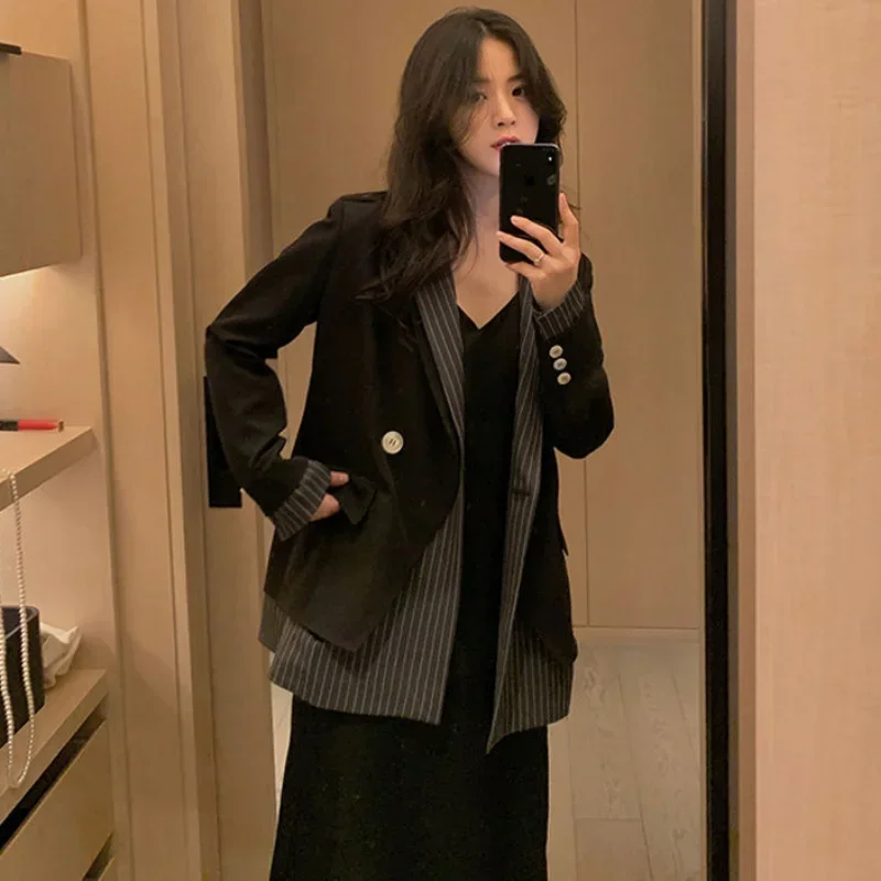 

Over Black Outerwear Women's Blazers Striped Long Jacket Dress Female Coats and Jackets Colorblock Loose Clothing Korean Fashion