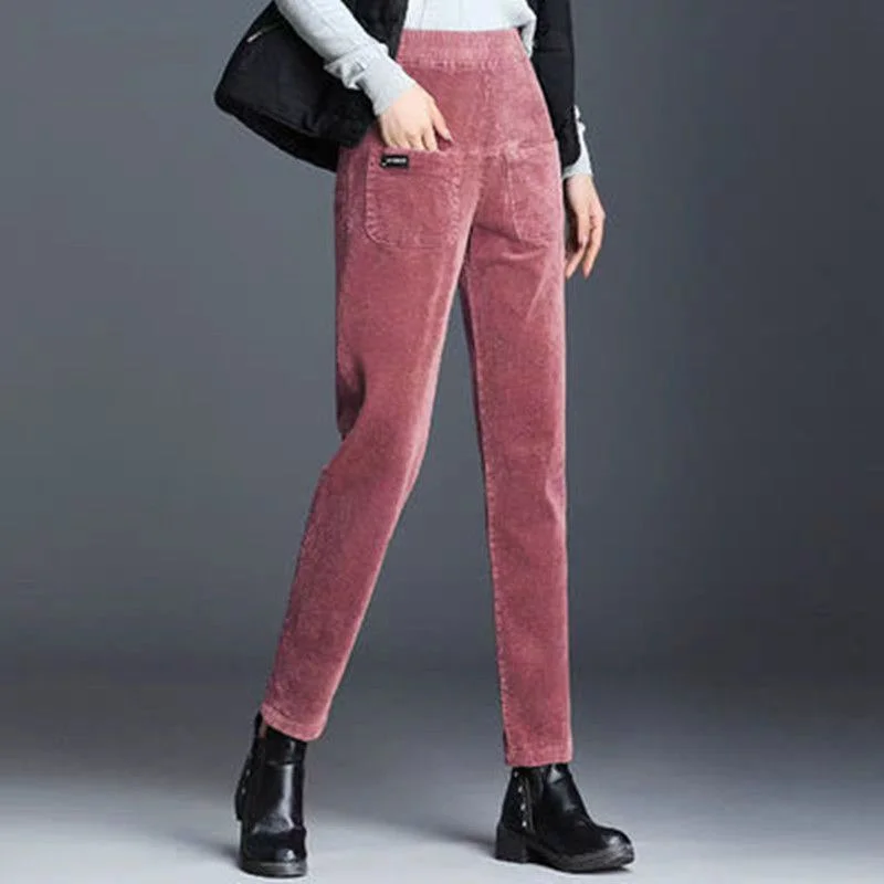 Big Size Women Corduroy Warm Pants Fleece Thicken Autumn Winter Elastic Waist Fashion Casual Vintage Solid Slim Pencil Trousers