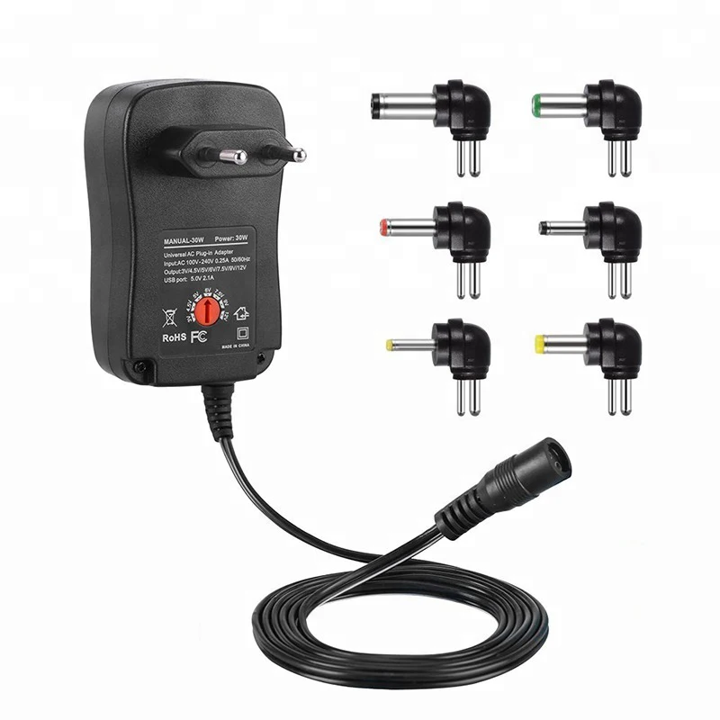 Universal 12W-30W Multi-Voltage DC Wall Charger with Interchangeable Plugs