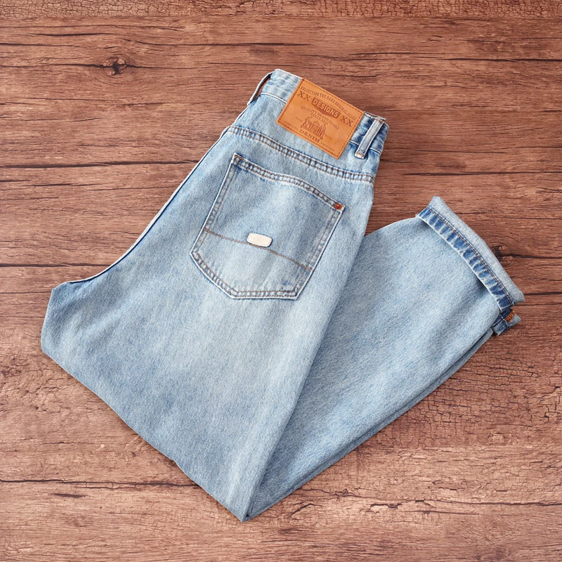 Spring/Fall European American Trendy Men's Denim Jeans Knee Ripped Distressed Light-Colored Loose Harem Tapered Pants