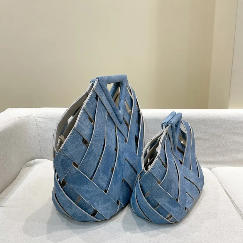 2024 New Hollow Woven Bag Fashion Tote Bag Mother And Child Bag Set Spring Design Basket Bag Blue Clutch Bag