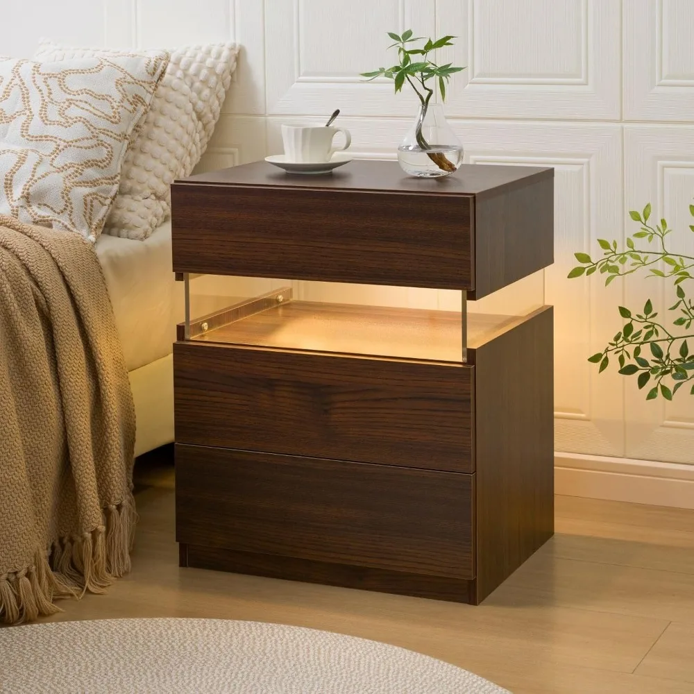 Night Stand Set 2 LED Night Stand for Bedroom Modern LED Bedside Table with 3 Drawers End Side Table 3