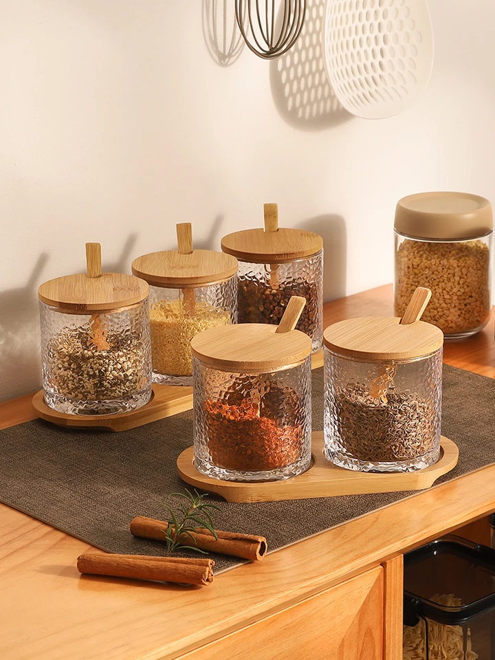 Pot à épices en verre gaufré créatif avec couvercle, cuillère