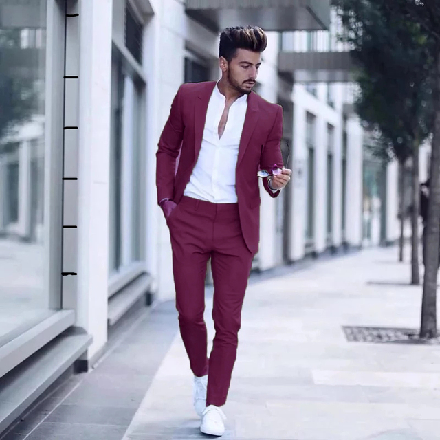 Casual Business Men Suits for Wedding 2 Pieces Suits Man Groom Tuxedos Slim Fit Peak Lapel Terno Masculino Costume Homme - Burgundy, M