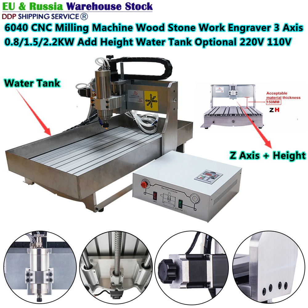 

6040 CNC Router Wood Work Engraving Machine 1.5/2.2KW Drilling Milling Engraver 3 Axis USB Port Add Height Water Tank Optional